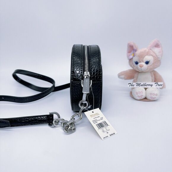 MICHAEL KORS JET SET GLAM Small Oval Crossbody Embossed Leather Black NWT $448 - Picture 3 of 7